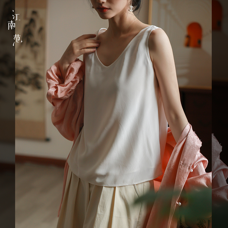 江南范新中式国风复古改良上衣女夏桑蚕丝米白色吊带背心打底无袖
