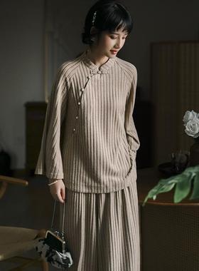 江南范新中式竖条纹针织改良唐装上衣2024年秋斜襟复古年轻款百搭