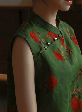 江南范新中式国风复古改良旗袍上衣夏年轻款桑蚕丝绿色印花斜襟