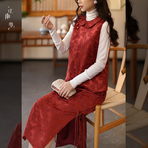 江南范新中式红色改良唐装上衣夹棉马甲背心拜年服订婚敬酒服国风