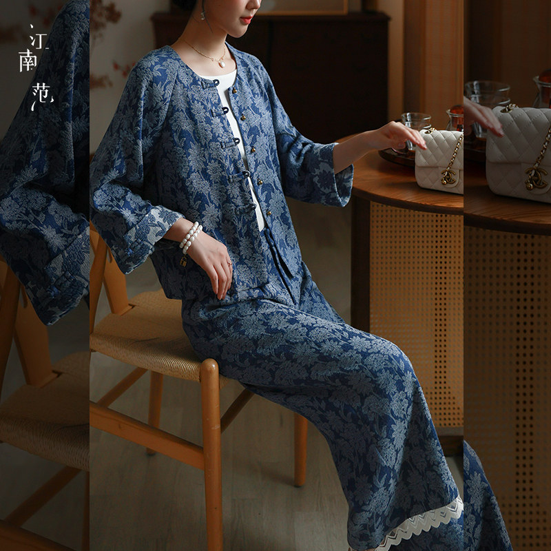 江南范新中式国风改良唐装上衣秋牛仔蓝复古文艺年轻款日常穿外套