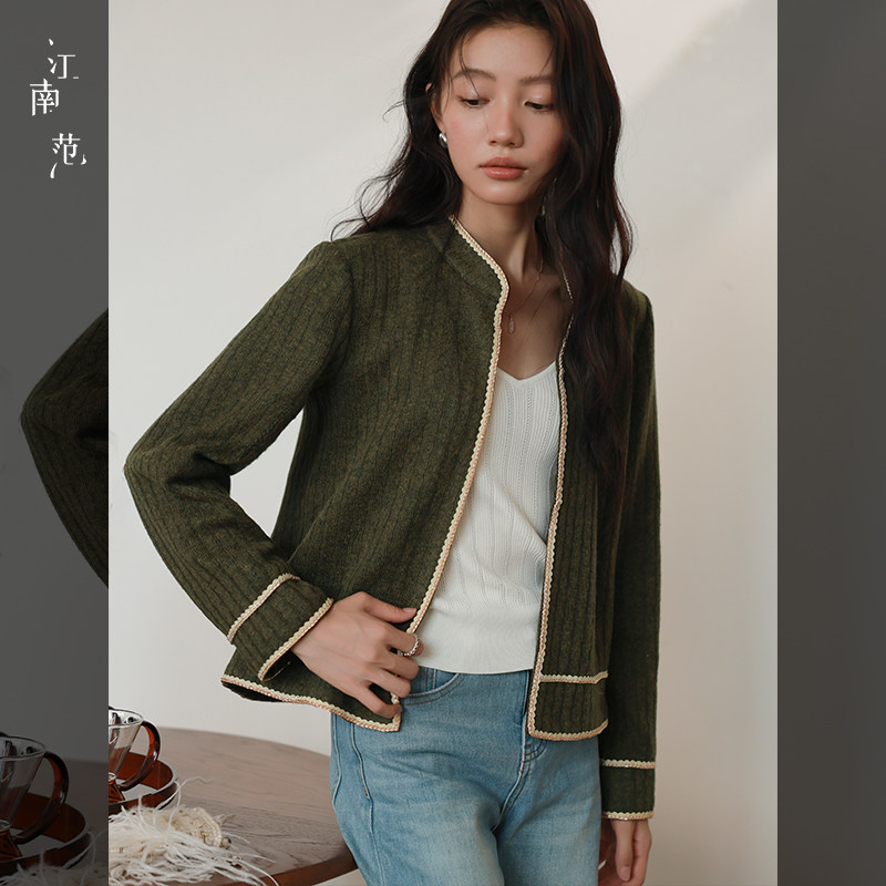 江南范秋冬加绒旗袍领针织开衫