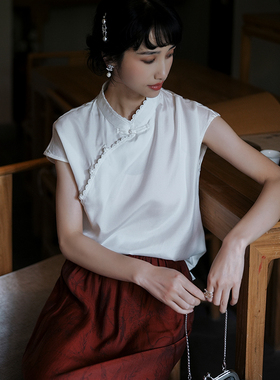 江南范新式改良白色短袖旗袍上衣2024年夏季气质百搭中式茶服小衫