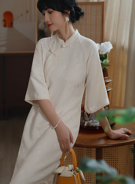 江南范新中式国风改良旗袍夏倒大袖白色复古全开襟裙茶服日常可穿