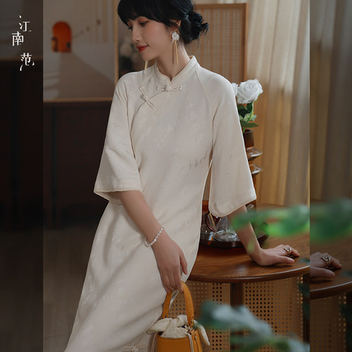 江南范新中式国风改良旗袍夏倒大袖白色复古全开襟裙茶服日常可穿