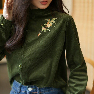 江南范新中式改良刺绣旗袍上衣复古灯芯绒百搭国风茶服气质小衫