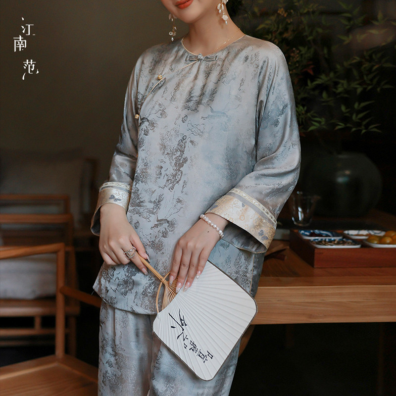 江南范中式七分袖袖茶艺师旗袍上衣女浅灰色花色中长裙日常阔腿裤