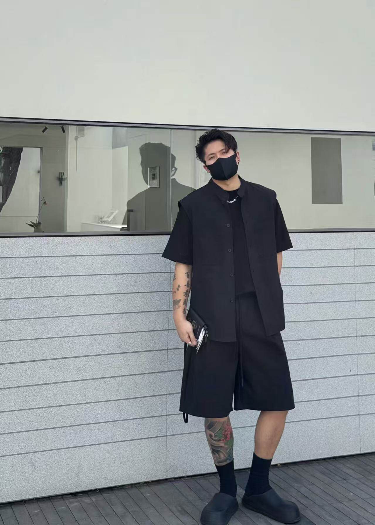 日系复古假两件短袖衬衫男女夏季宽松拼接潮马甲背心半袖工装衬衣