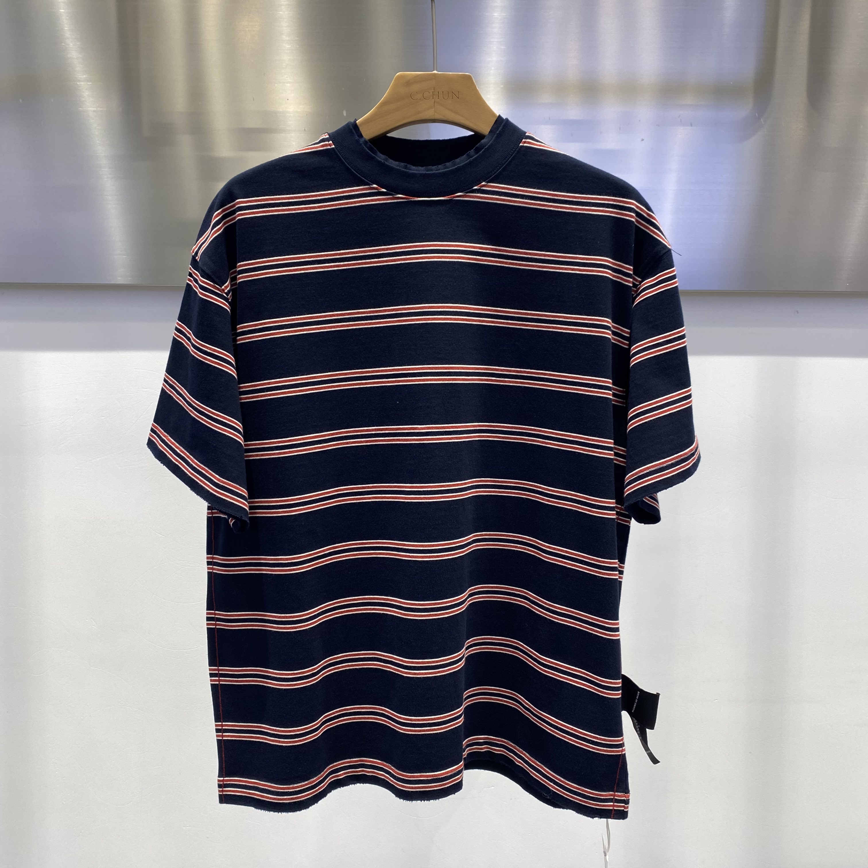 2026新款春装双层螺纹领口条纹短袖T恤男时尚百搭上衣