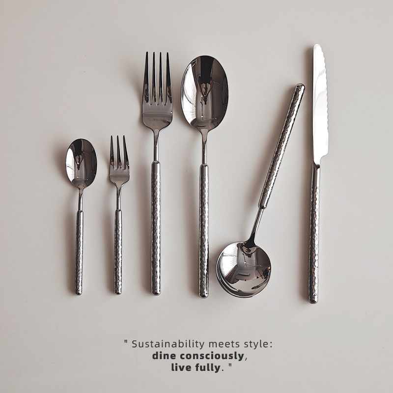 304不锈钢西餐具牛排刀叉勺锤纹实心手柄甜品叉勺高颜值圆头汤勺