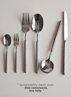 304不锈钢西餐具牛排刀叉勺锤纹实心手柄甜品叉勺高颜值圆头汤勺