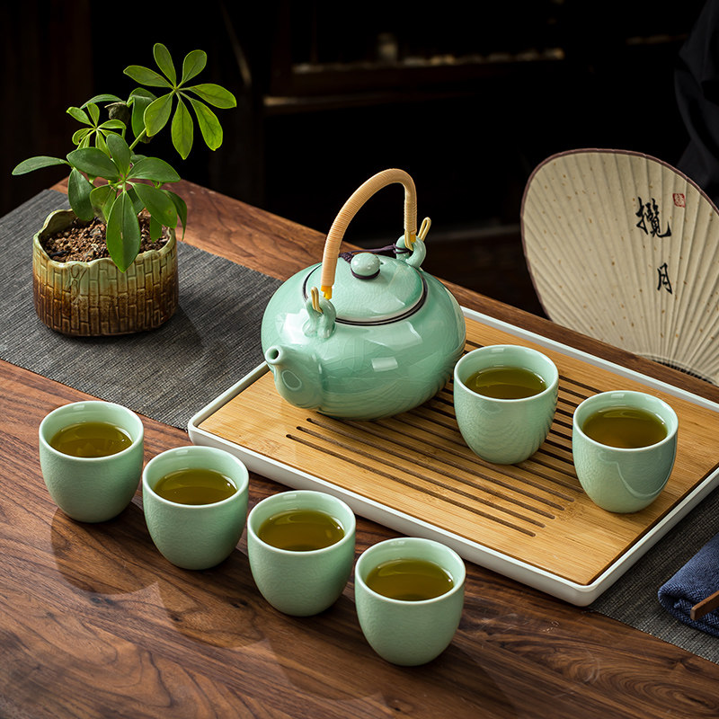 陶瓷茶具套装哥窑家用功夫茶杯泡茶壶汝瓷中式提梁水壶大容量水杯