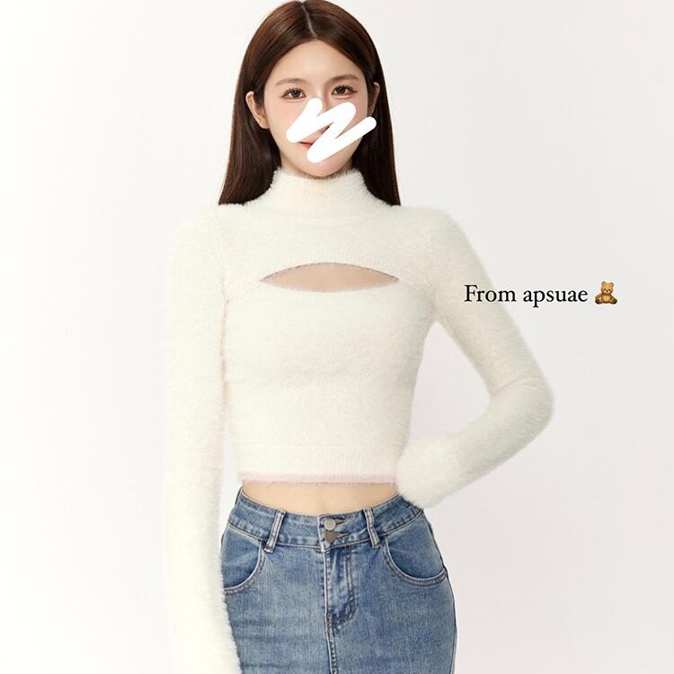 白水女 奶茶色镂空毛衣女秋冬设毛针织衫