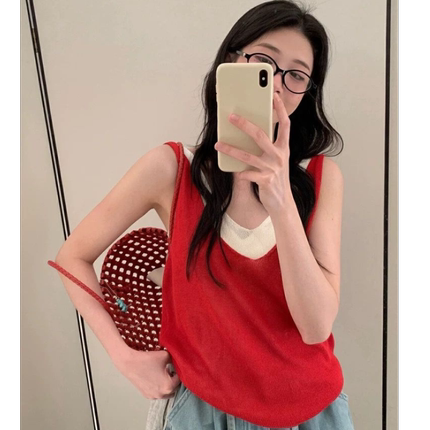 韩系薄款假两件针织背心女夏季新款V领无袖上衣