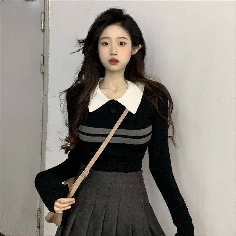 纯欲风polo领针织打底衫女秋修身高腰短款条纹长袖翻领毛衣