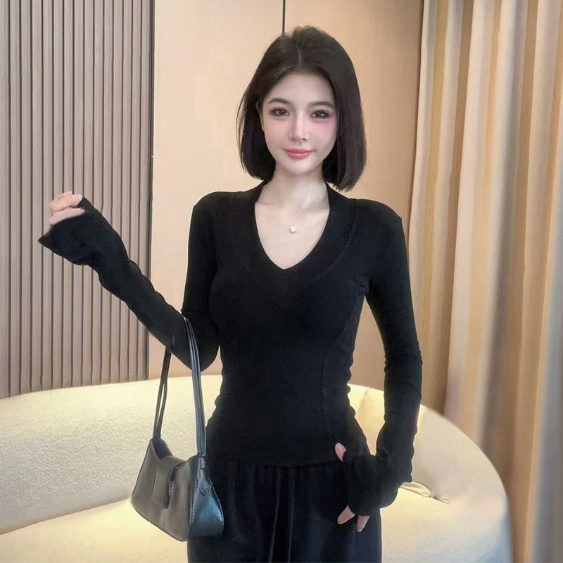 性感辣妹v领长袖T恤女秋冬新款高级感修身显瘦内搭打底衫磨毛上衣