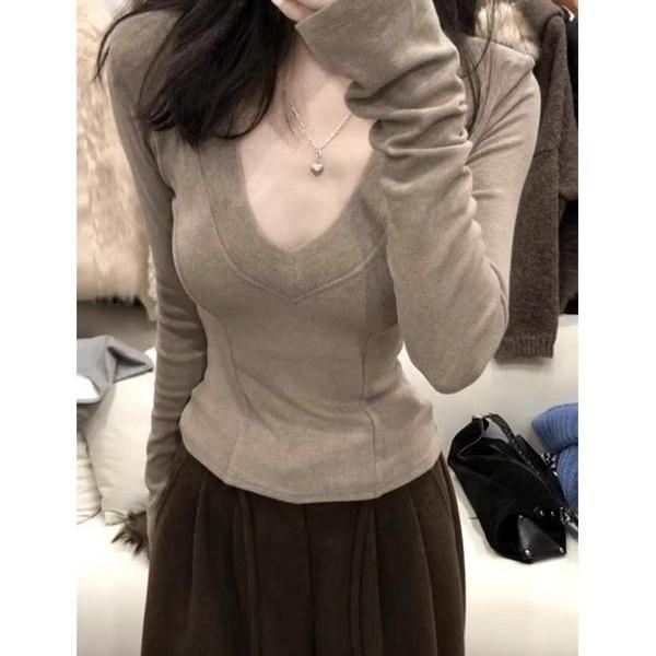 美式复古辣妹修身鱼骨长袖v领t恤女秋冬纯欲显瘦高级感打底衫上衣