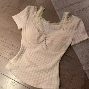 纯欲风蕾丝花边V领短袖 显瘦上衣 t恤女春夏新款 设计感小众百搭修身