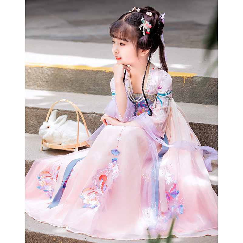 儿童汉服古装超仙夏季薄款中国风粉色樱花公主女童唐装夏女孩襦裙