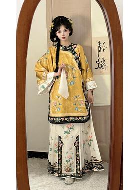 原创清汉女清朝格格服斜襟圆领古董民族服装重工印花马面裙春秋款