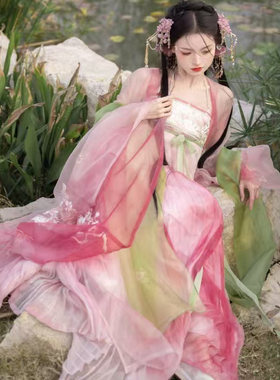 晕染外绣花大袖诃子裙夏粉色桃花