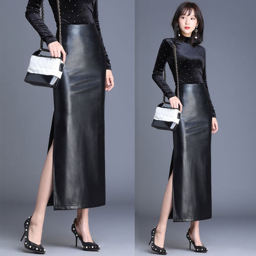 高腰包臀超长款侧pu皮女装半身裙