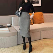 冬裙女毛呢半身裙2025秋冬新款 高腰遮跨显瘦包臀一步裙开叉中长款