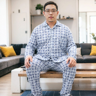 加大码睡衣男士5XL200斤春夏季薄款格子开衫长袖长裤纯棉家居服套
