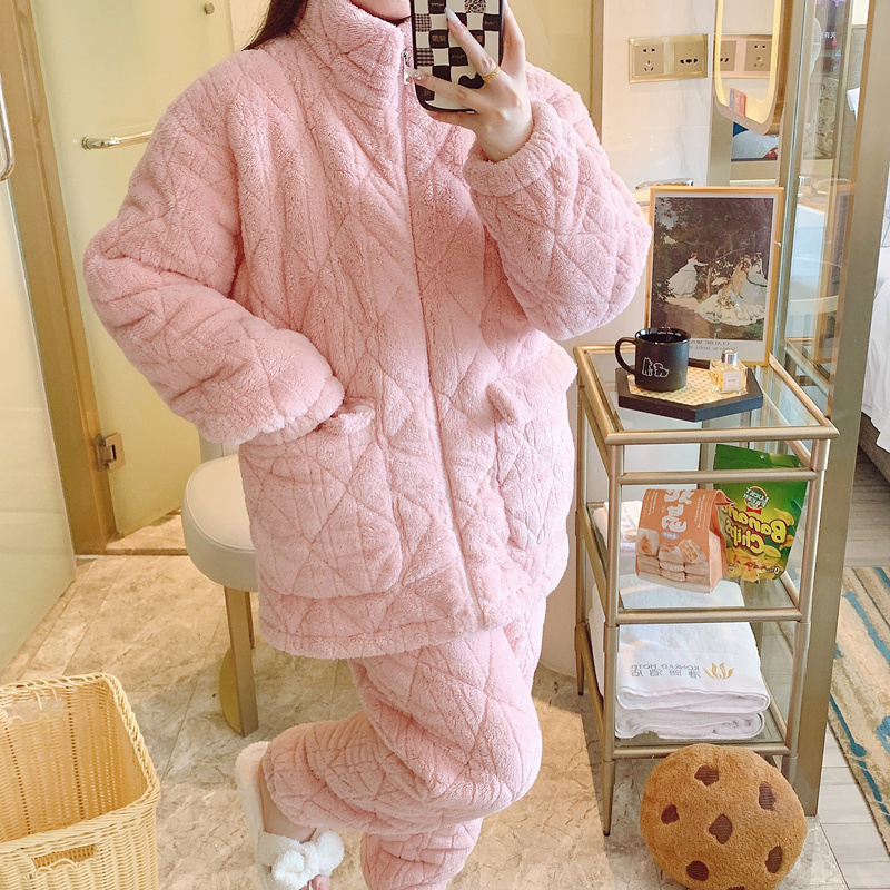 拉链可外穿加大码情侣款夹棉睡衣