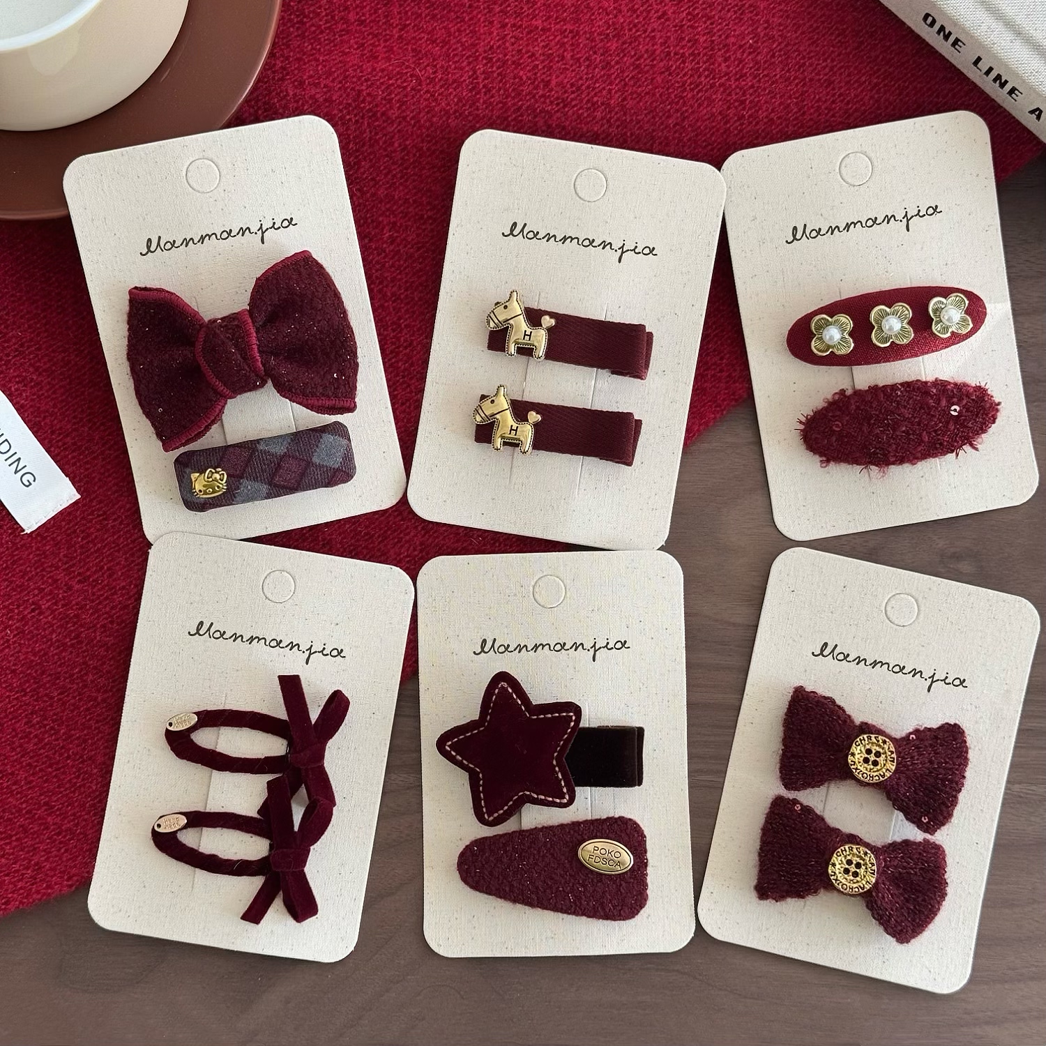 少女新年毛呢蝴蝶结发夹小金马发卡儿童酒红星星鸭夹女孩拜年发饰