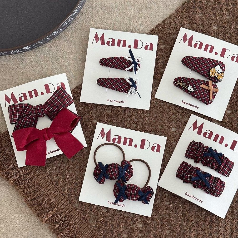 韩版女孩KT猫酒红格蝴蝶结发夹糖果发绳儿童布艺BB边夹学生刘海夹