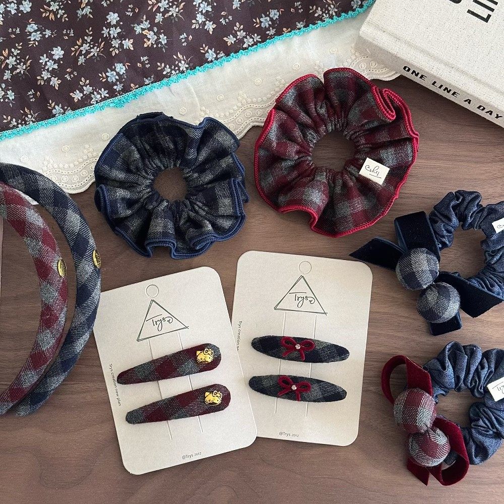 韩格纹球球蝴蝶结发圈儿童丸子头头扎女童皮筋简约发箍猫咪BB夹子