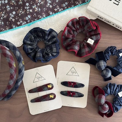 韩格纹球球蝴蝶结发圈儿童丸子头头扎女童皮筋简约发箍猫咪BB夹子