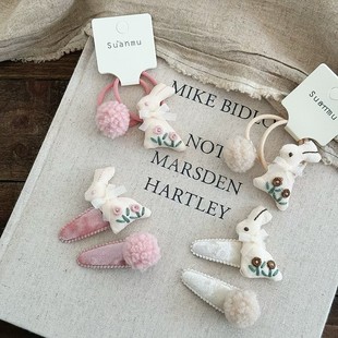 韩版卡通绣花兔子发圈发夹小女孩可爱毛绒球侧边BB刘海碎发萌发夹