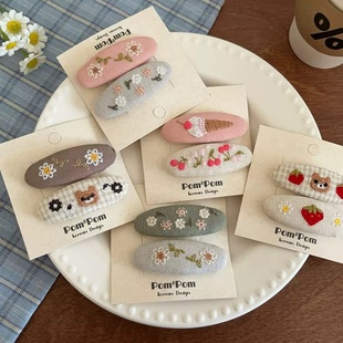 韩女孩甜美刺绣花朵发夹儿童冰淇淋小熊布艺BB夹女童碎发夹刘海夹