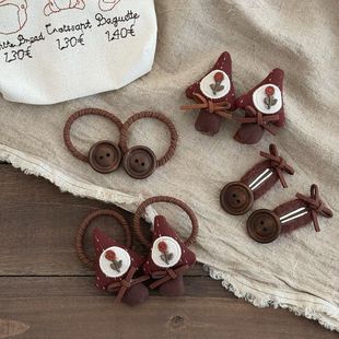 女孩甜美韩版 田园小树花发圈儿童复古纽扣发绳学生刘海BB夹鸭嘴夹