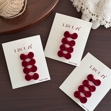 新年红色小蝴蝶结发夹儿童新年拜年红色小夹子女孩甜美丝绒酒红夹