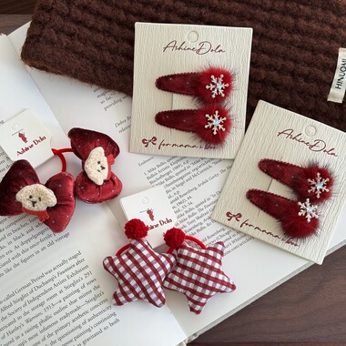 儿童新年红色格子星星发圈女童可爱小狗胖结发圈小女孩拜年刘海夹