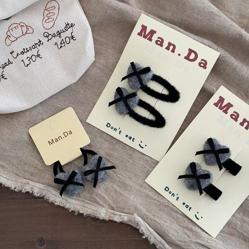 少女羊毛爱心扣BB夹儿童毛绒蝴蝶结发绳女童气质灰桃心鸭嘴夹发圈