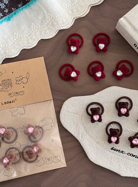 女童爱心熊拇指皮筋婴儿童新年红色不伤发头绳宝宝格纹泰迪熊发圈