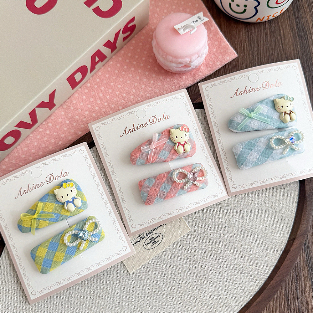 韩儿童格纹三角KT猫布艺手作发夹珍珠蝴蝶结高级感少女边夹掰掰夹