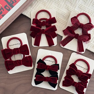 新年甜美丝绒蝴蝶结大发圈儿童酒红拜年发绳女孩公主风扎马尾皮筋