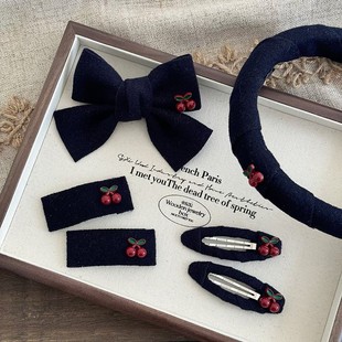 韩版 少女藏青毛呢樱桃发夹学生甜美头箍儿童大边夹侧边BB碎发夹子