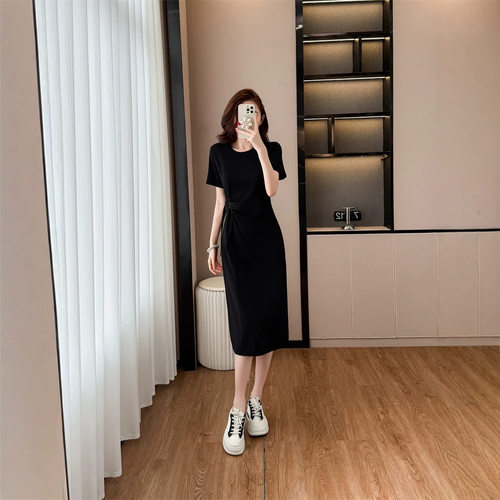 温柔职业收腰不规则t恤短袖大码连衣裙女装2026新款中长款遮肉群