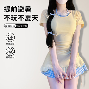 挂脖绑带保守短袖 学生可爱日系绝美女孩泳衣女 感2026新款