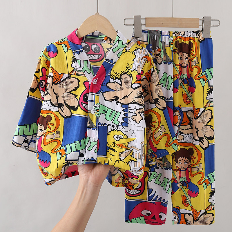 儿童棉绸睡衣夏季七分袖薄款宝宝男孩绵绸套装男童女童空调家居服