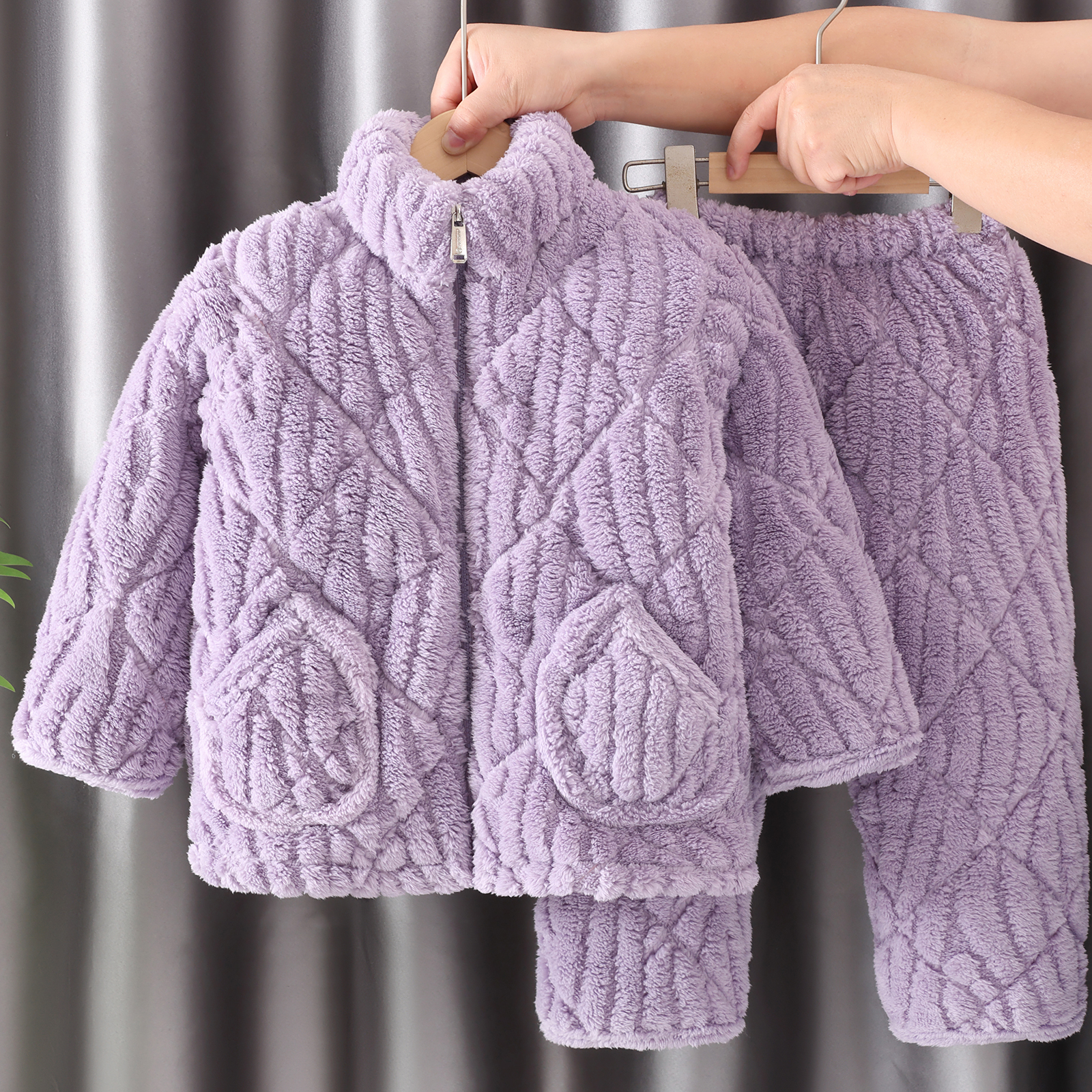 儿童睡衣加绒超厚法兰绒冬季棉袄小中大童男女宝宝家居服拉链套装