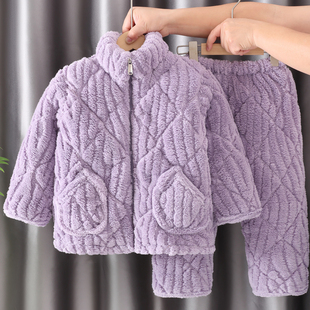 儿童睡衣加绒超厚法兰绒冬季棉袄小中大童男女宝宝家居服拉链套装