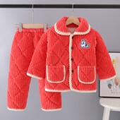 儿童睡衣男童秋冬季 加厚款 法兰绒女孩三层夹棉宝宝珊瑚绒家居服