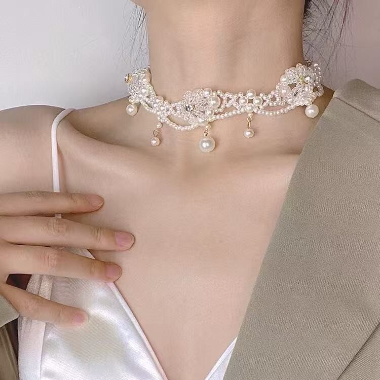 水晶珍珠花朵项链法式时尚风颈链锁骨链项饰女